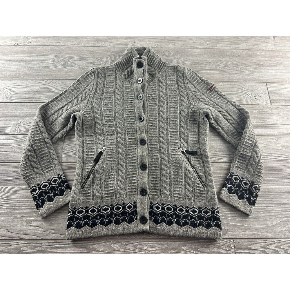 Fire & Ice Cable Knit Cardigan Sweater Button Up Nordic Mock Neck Women's Sz M/L